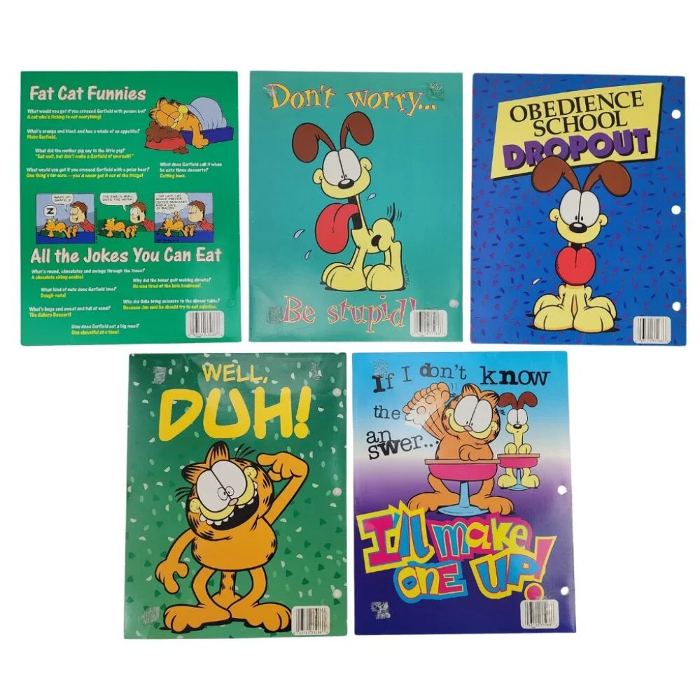 New Lot of 5 Vtg 1999 Garfield Cat & Odie Dog School Binder Pocket Folders NOS